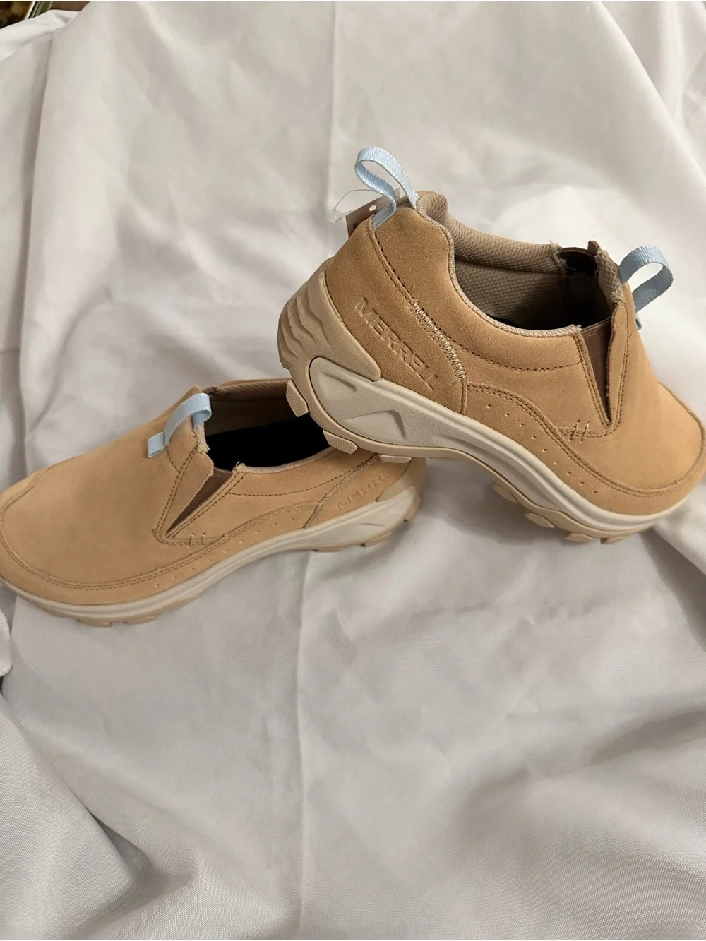 Merrell Women's Slip-On Sneakers in Tan with Light Blue Pull Tabs